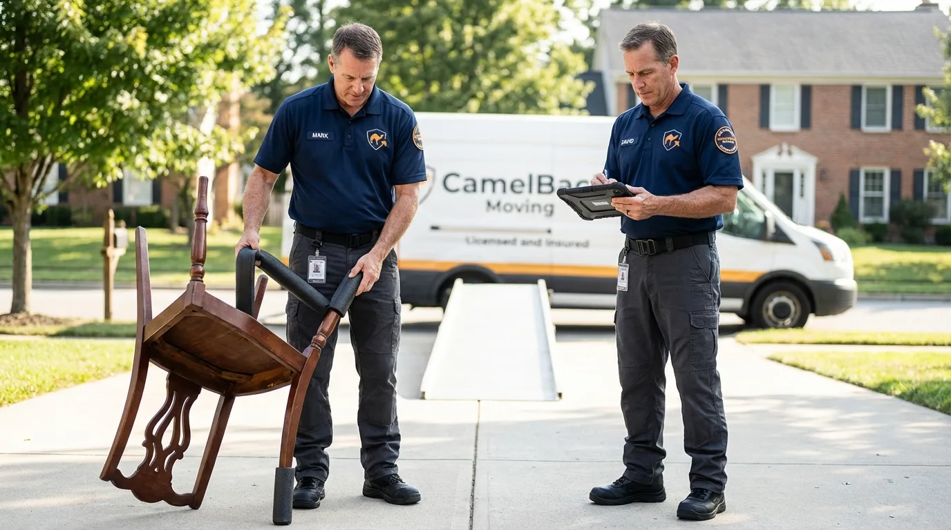 Movers inspecting furniture for damage prevention before loading in Bristol, CT