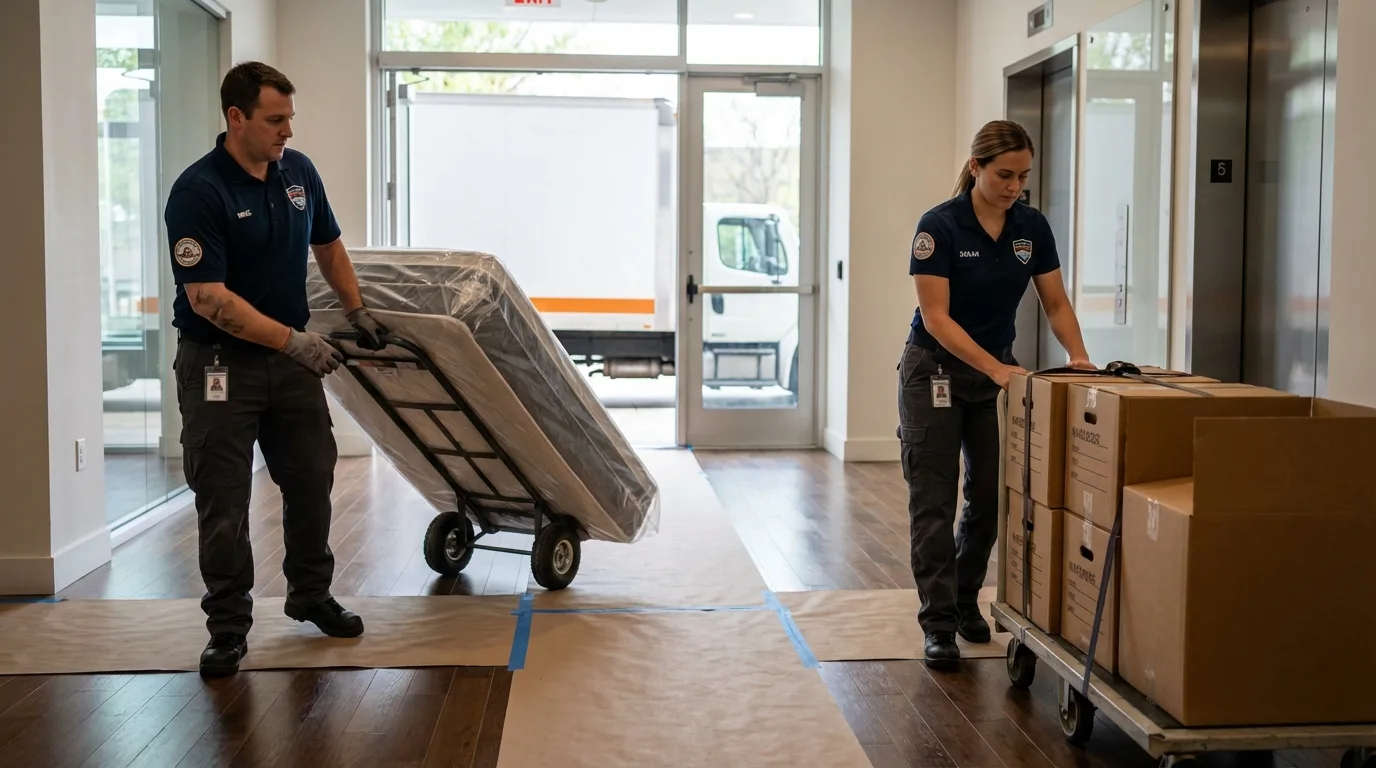 Professional apartment movers loading elevator in Bristol, CT