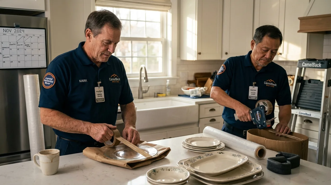 Professional crew packing kitchen dishware in Bristol, CT